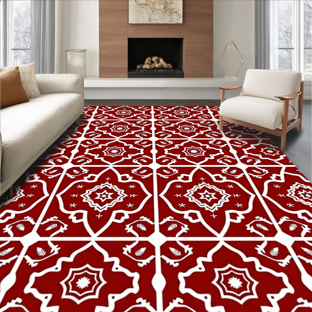 Classic Red White Geometric Tiles Rug