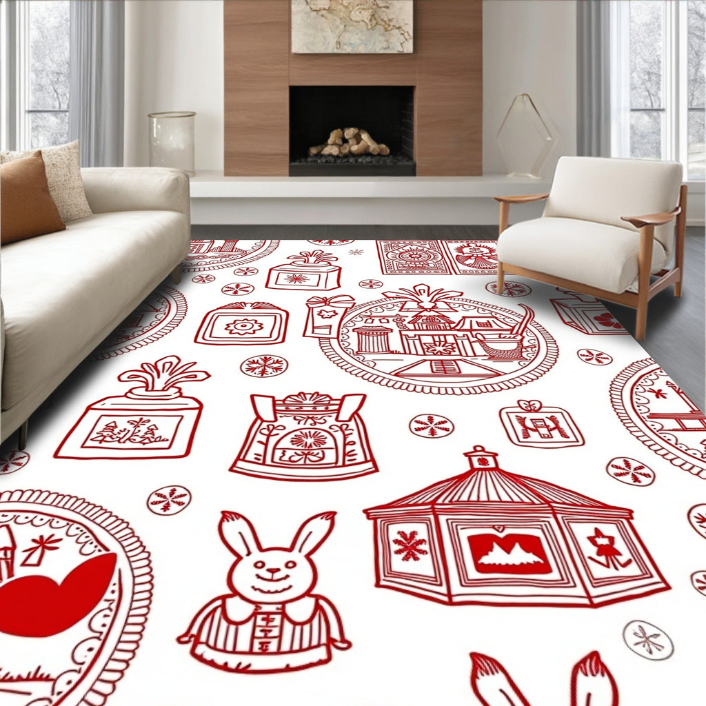 Red Whimsical Village Houses Snowflakes Rug