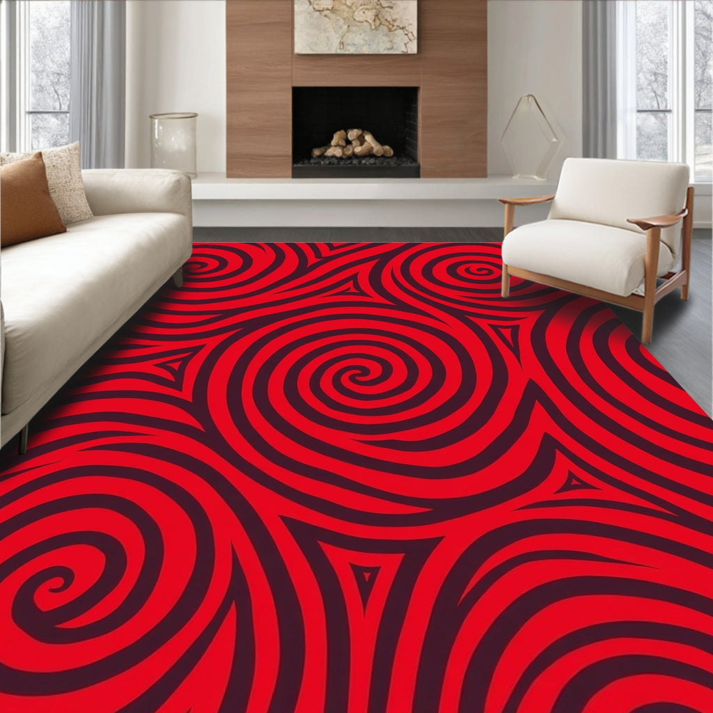 Bold Red Swirl Geometric Pattern Rug