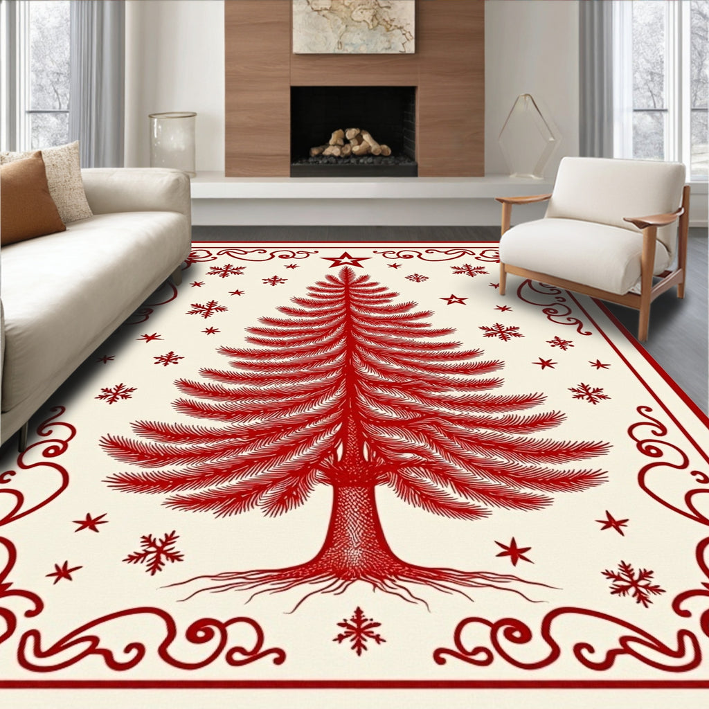 Traditional Red Christmas Tree Snowflake Rug