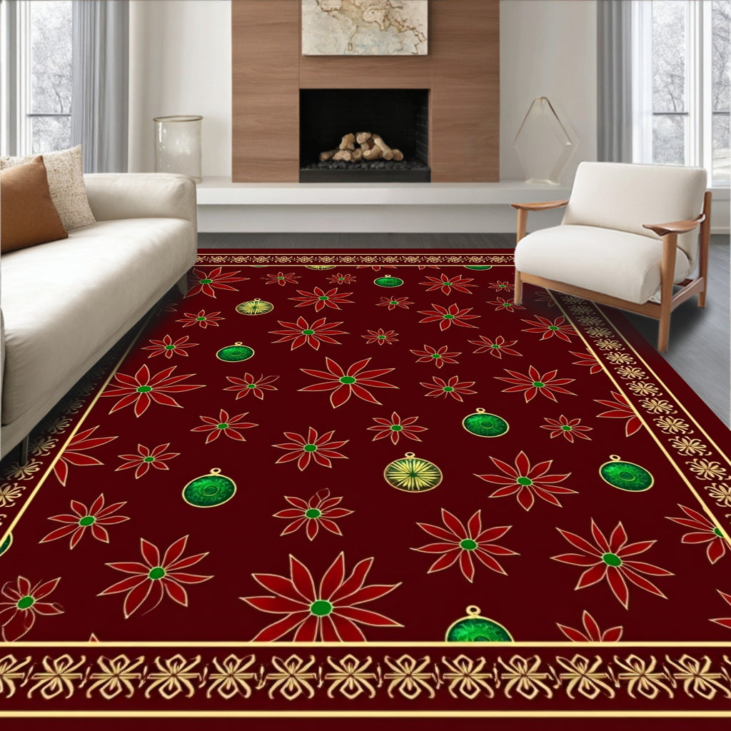 Crimson Poinsettia Ornament Border Rug
