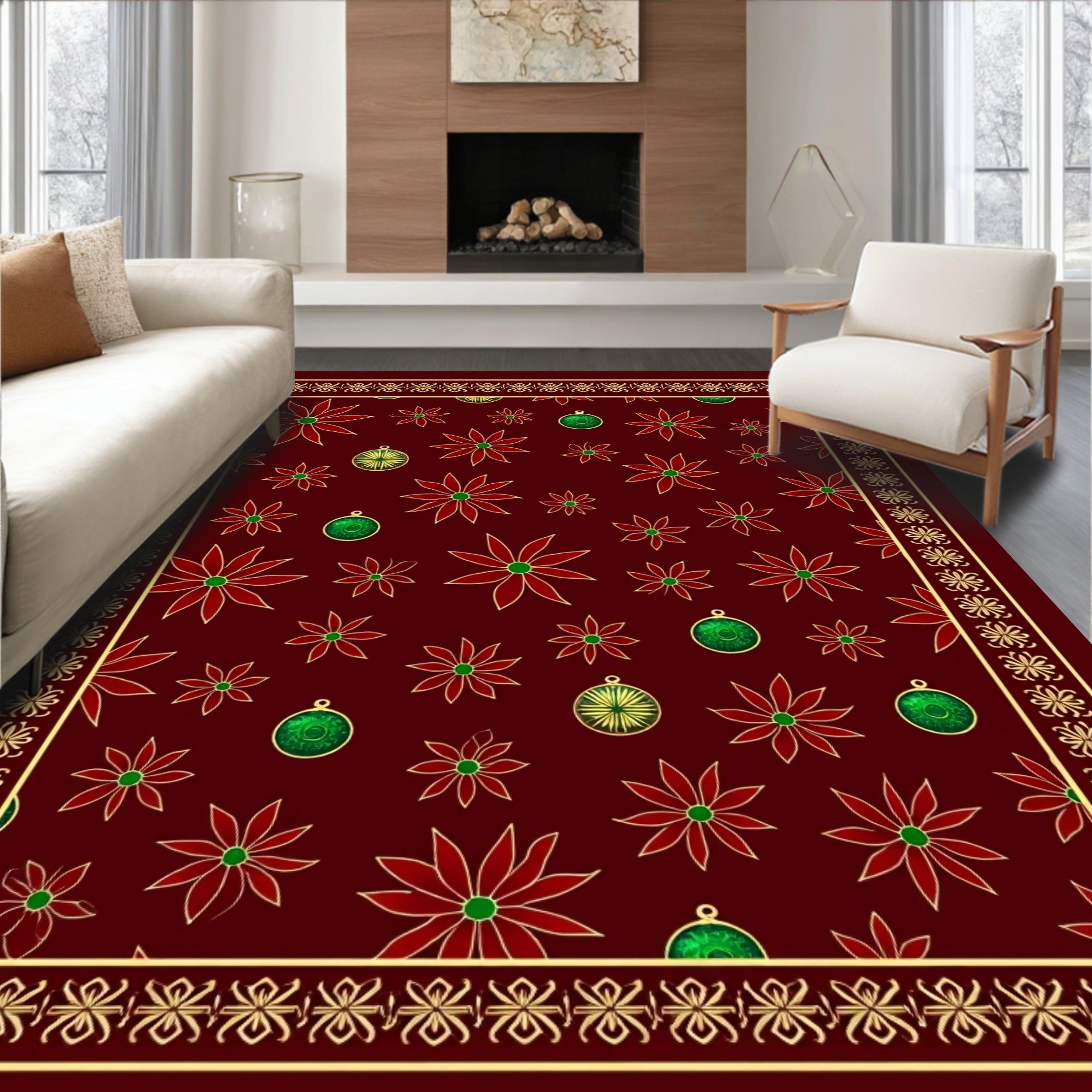 Crimson Poinsettia Ornament Border Rug