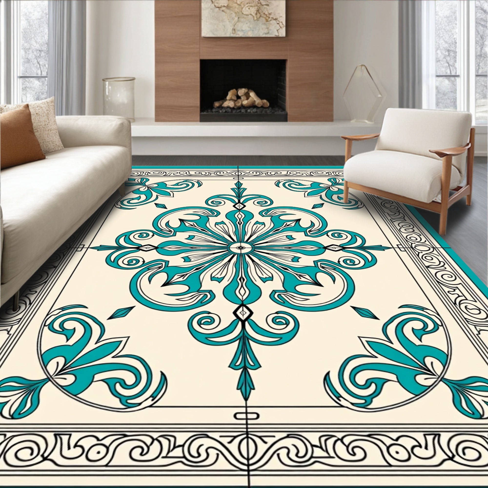Turquoise Classic Floral Medallion Design Rug