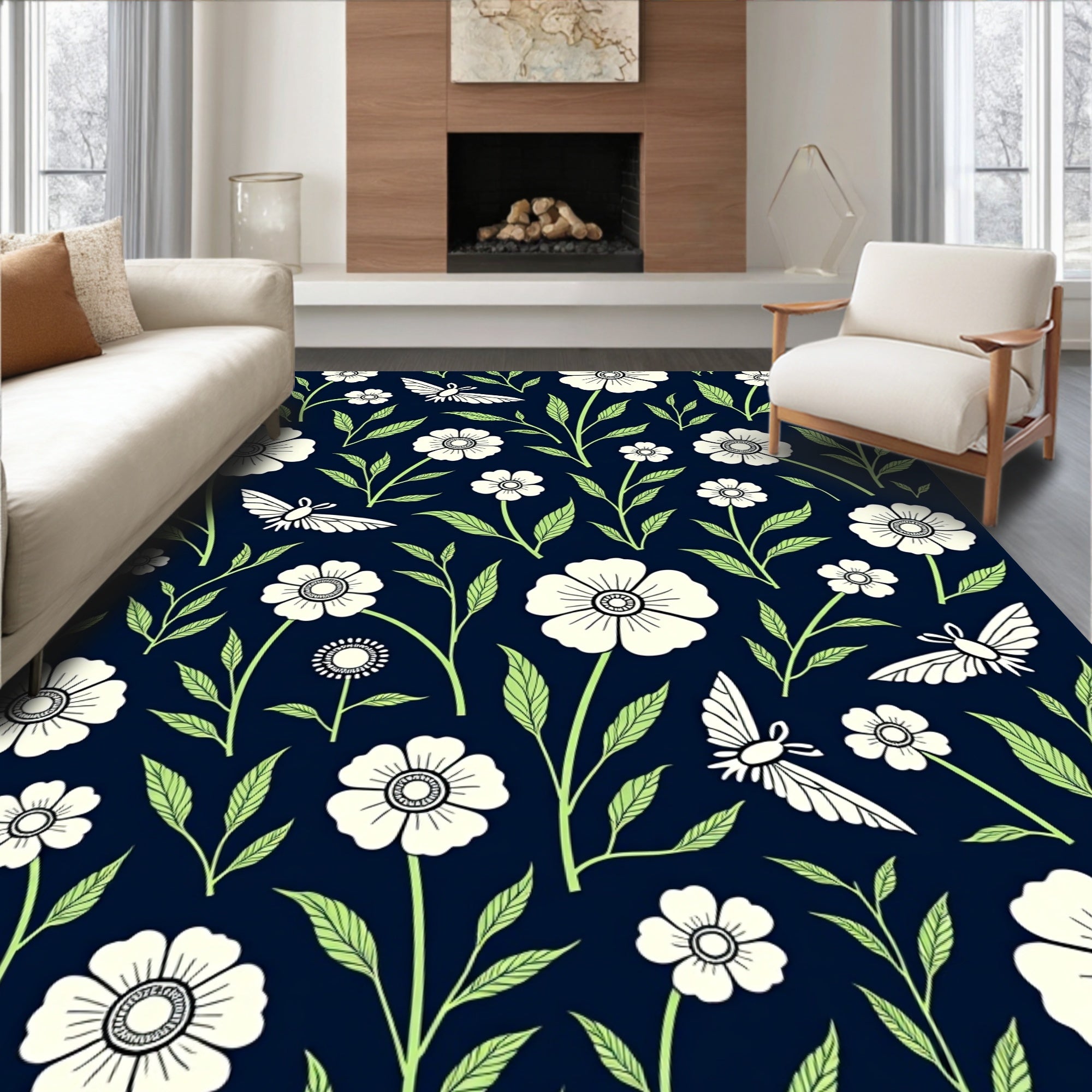 Nature Inspired Floral Butterfly Pattern Rug
