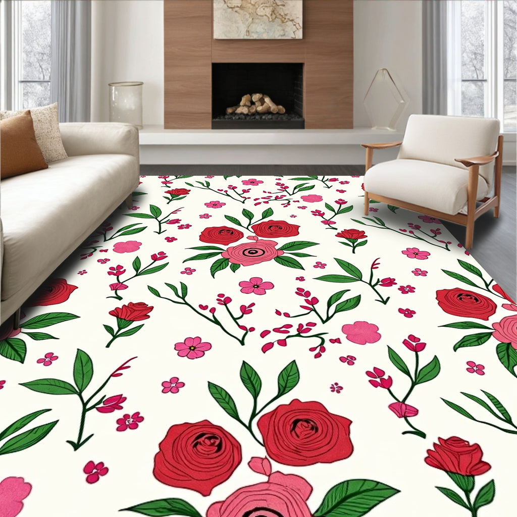 Romantic Red Pink Floral Pattern Rug