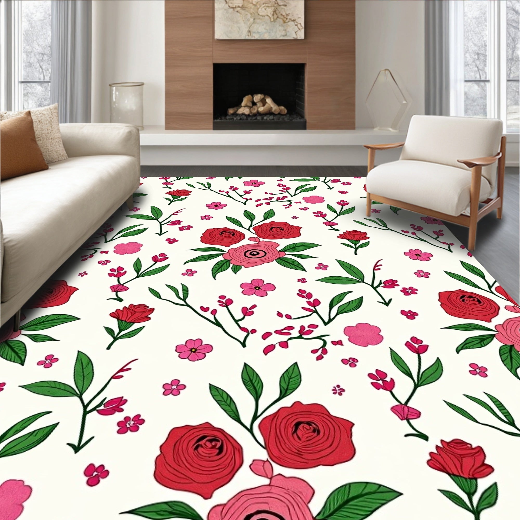 Romantic Red Pink Floral Pattern Rug