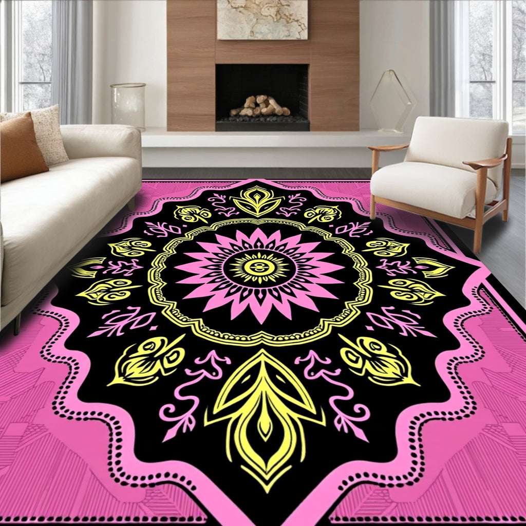 Bold Pink Yellow Sunburst Mandala Rug