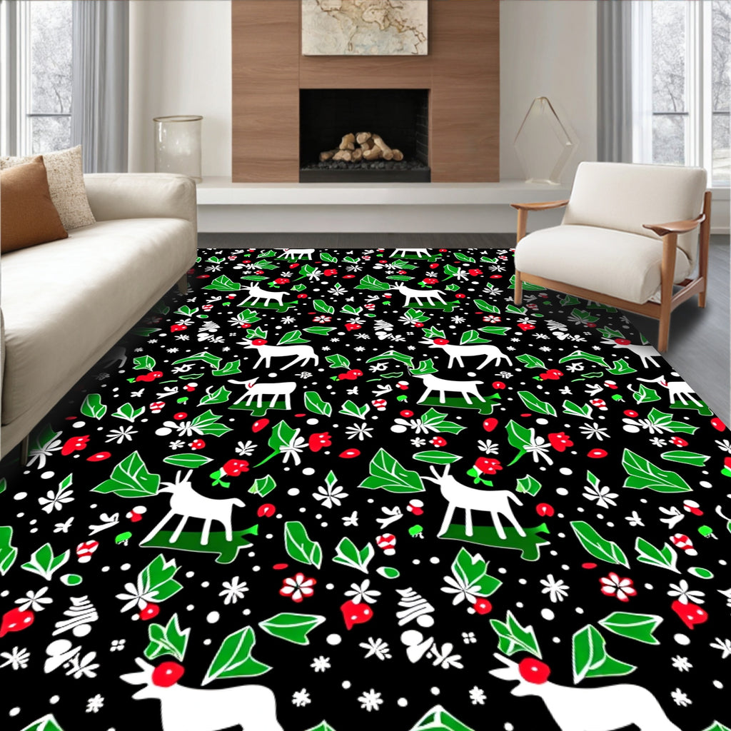 White Deer With Floral Foliage Pattern Rug