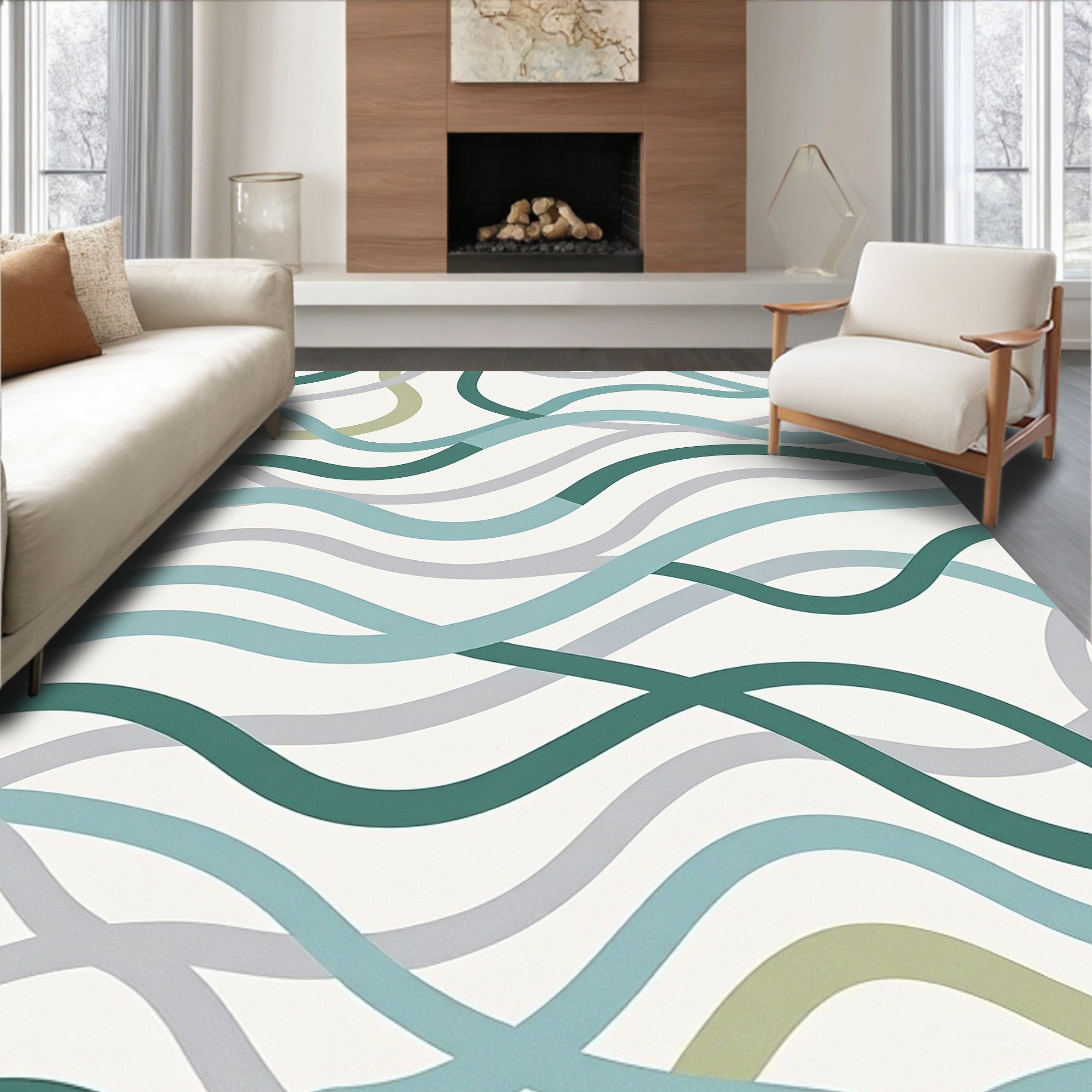 Wavy Blue Green Flowing Pattern Rug