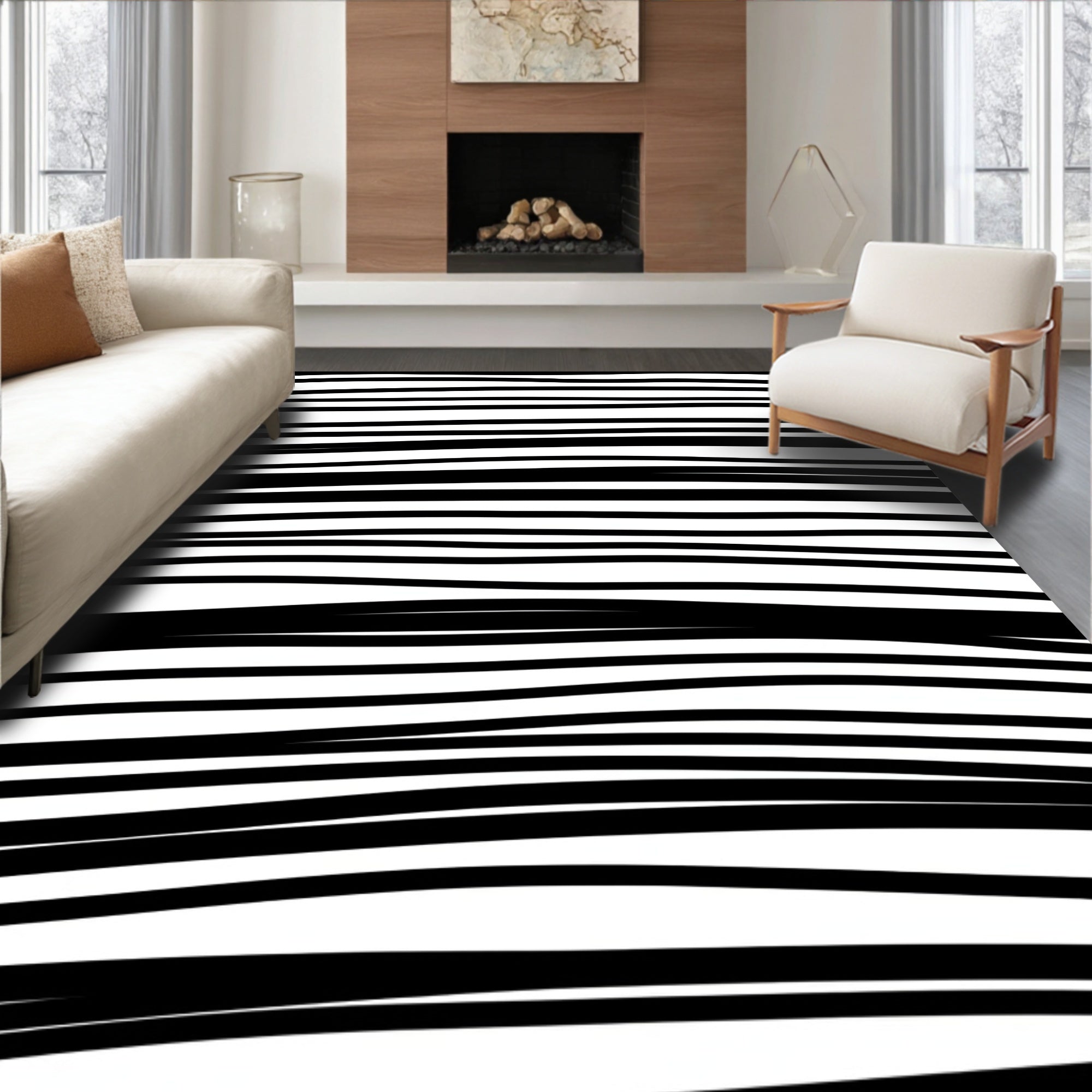 Bold Black White Striped Abstraction Rug