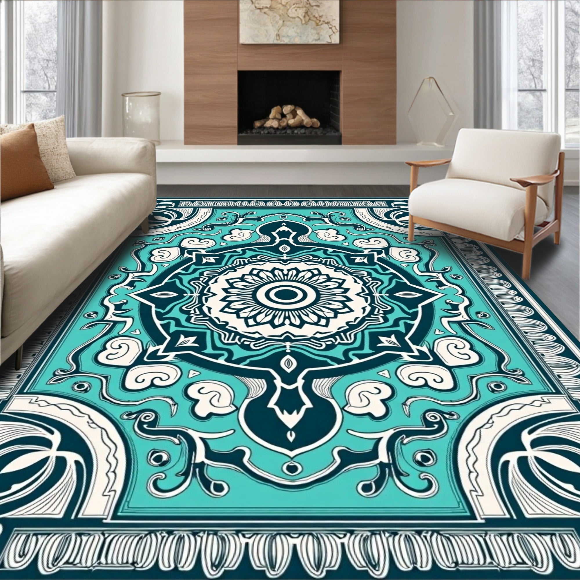 Teal Teal Mandala Detailed Pattern Rug