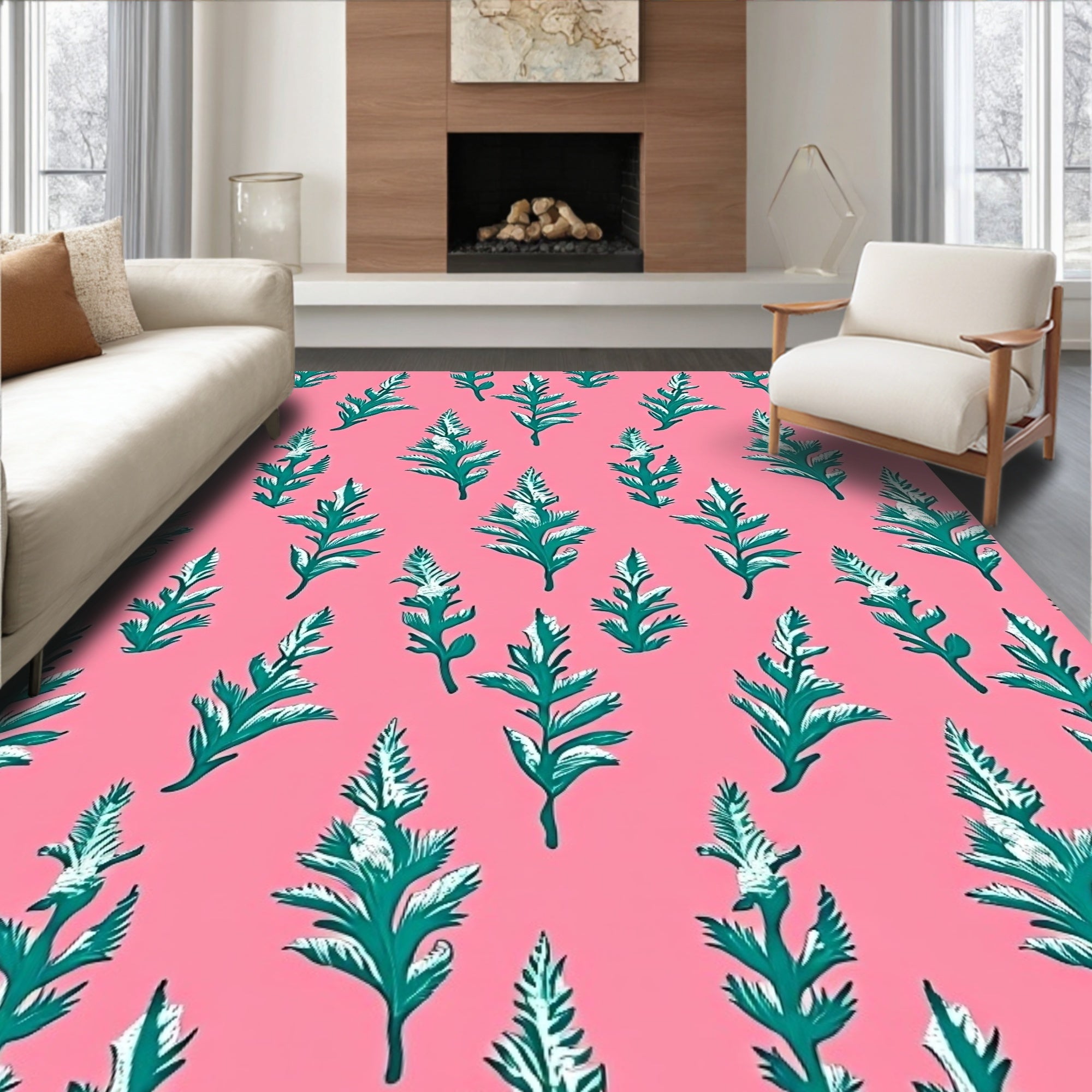 Teal Leaf Pattern on Pink Background Rug