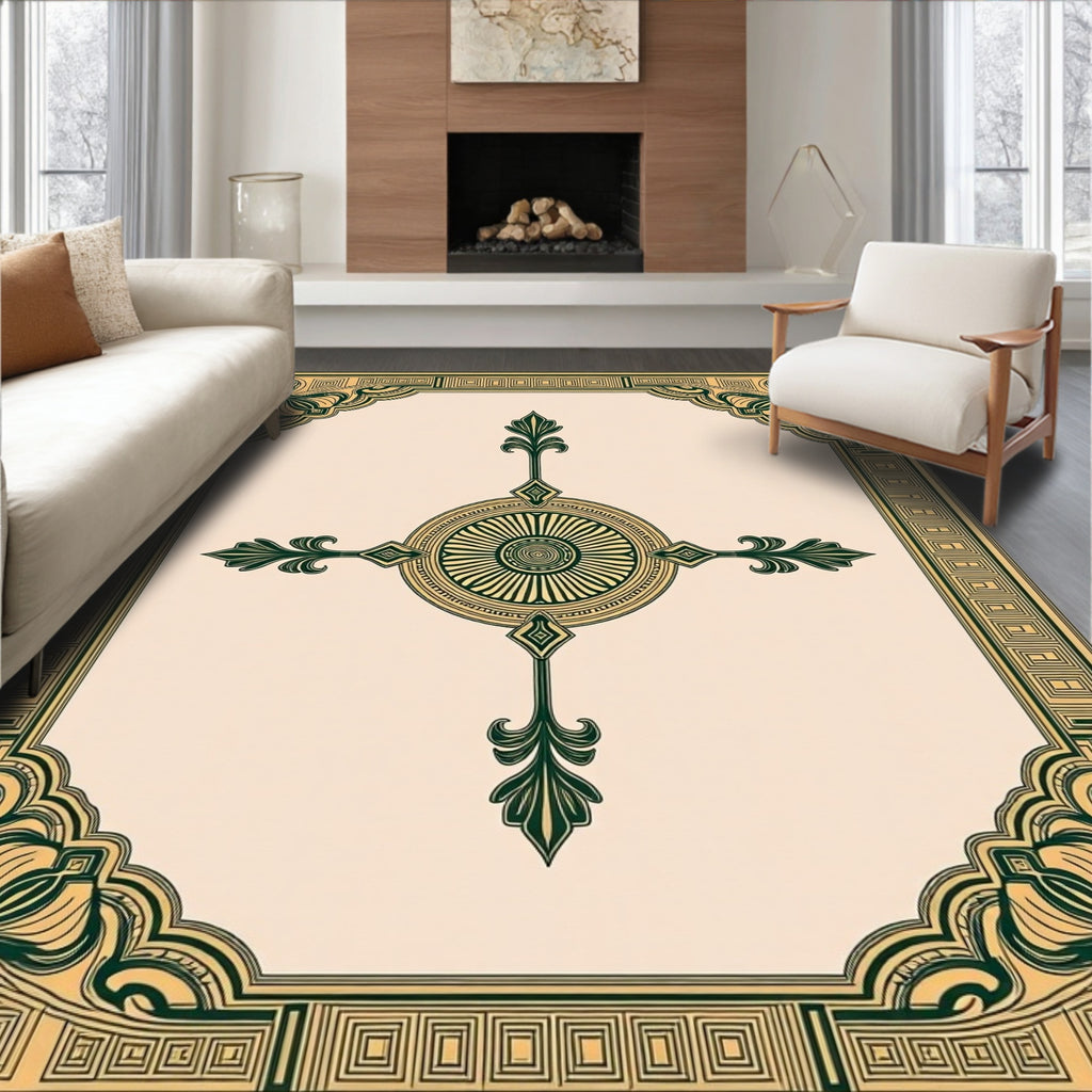 Ornate Dark Green Golden Medallion Frame Rug