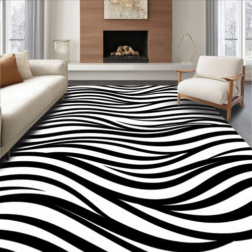 Abstract Black White Wave Pattern Rug
