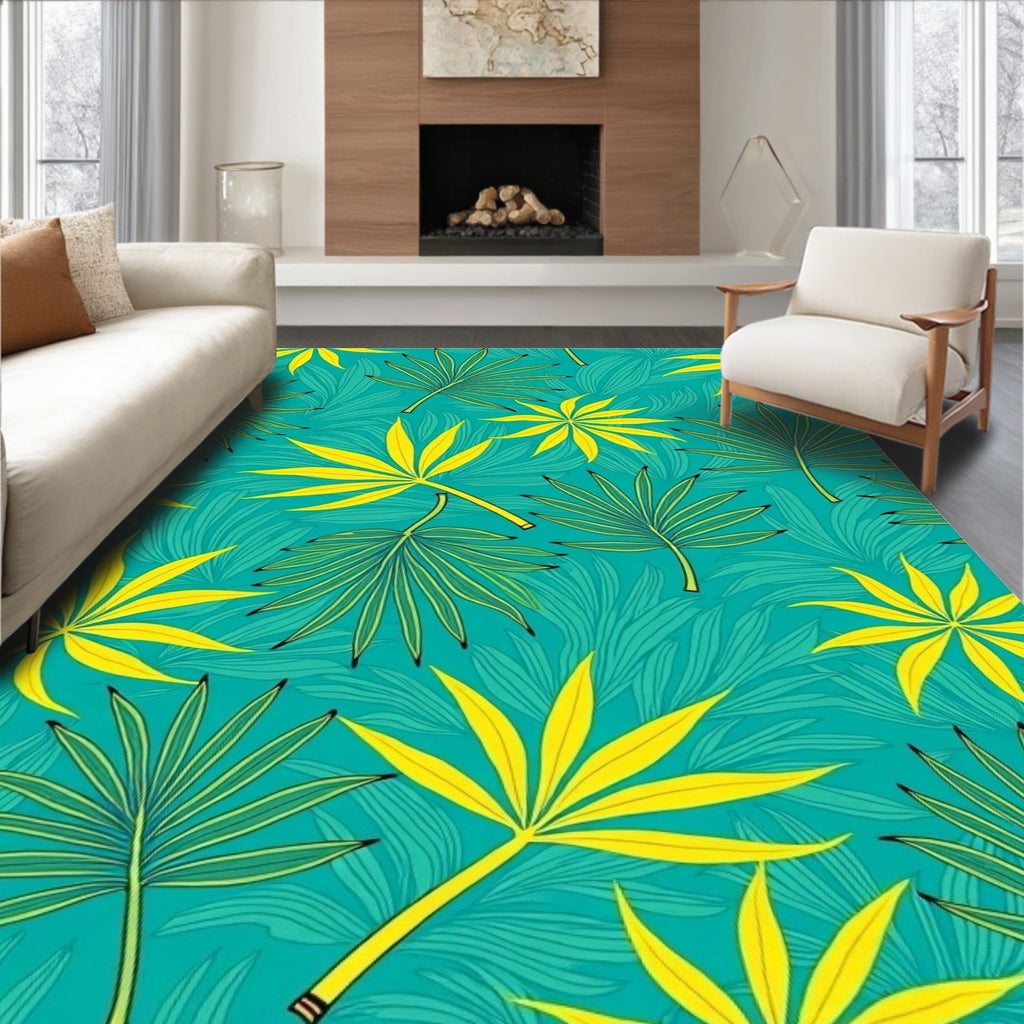 Turquoise Yellow Palm Leaf All-Over Rug