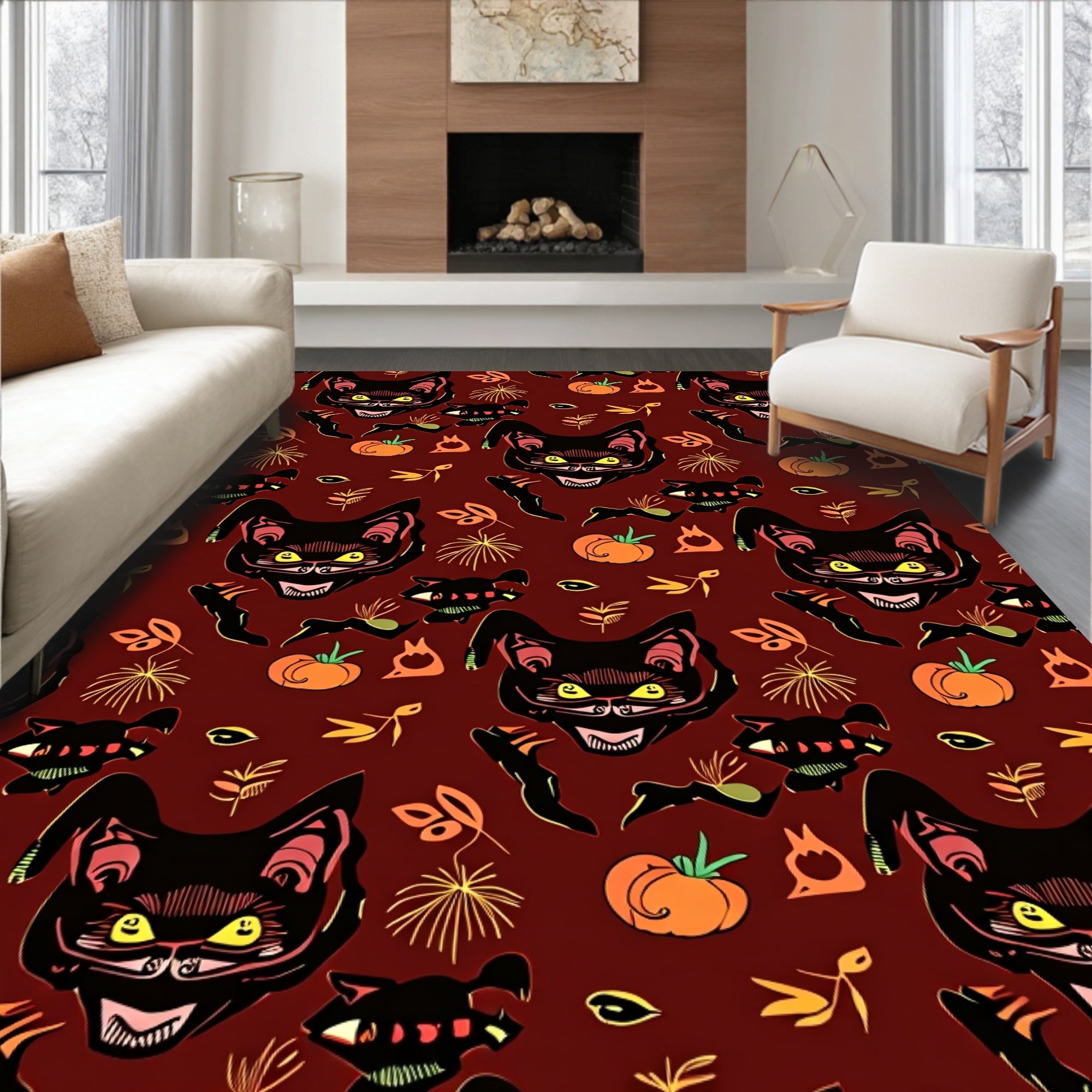 Scary Black Cat Pumpkin Pattern Rug