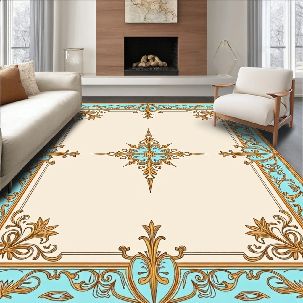 Ornate Aqua Gold Medallion Design Rug