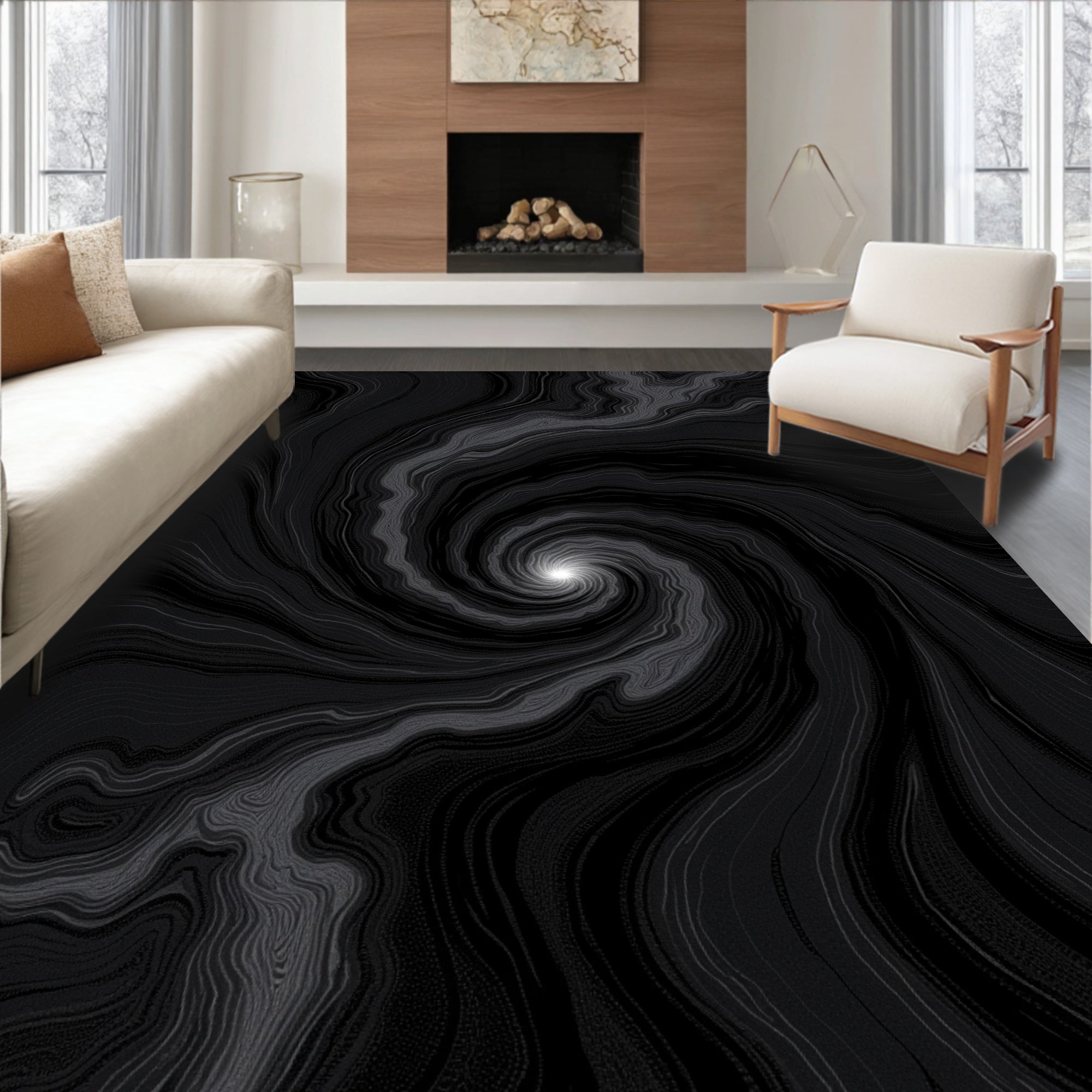 Dark Swirl Abstract Line Art Rug