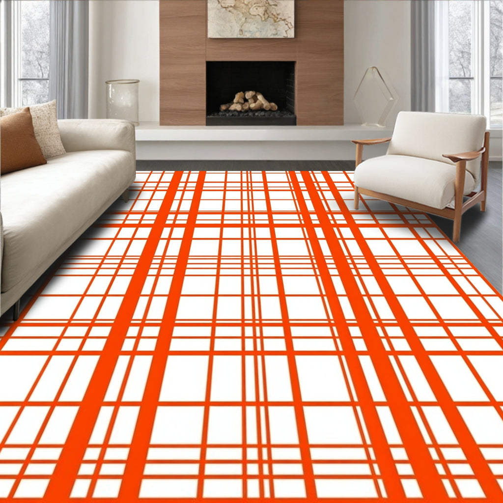Bold Orange Plaid Geometric Pattern Rug