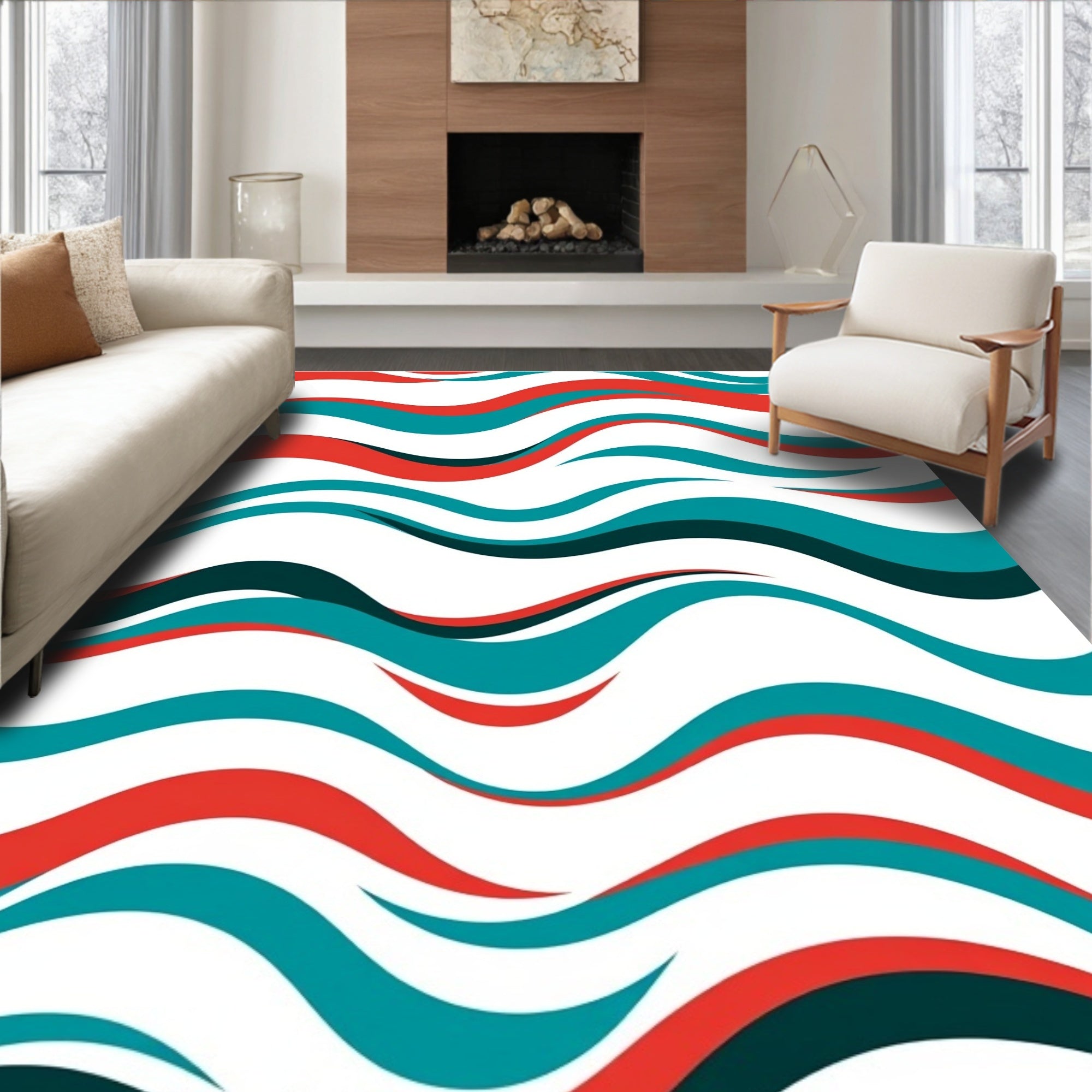 Red Teal Wavy Pattern Design Rug