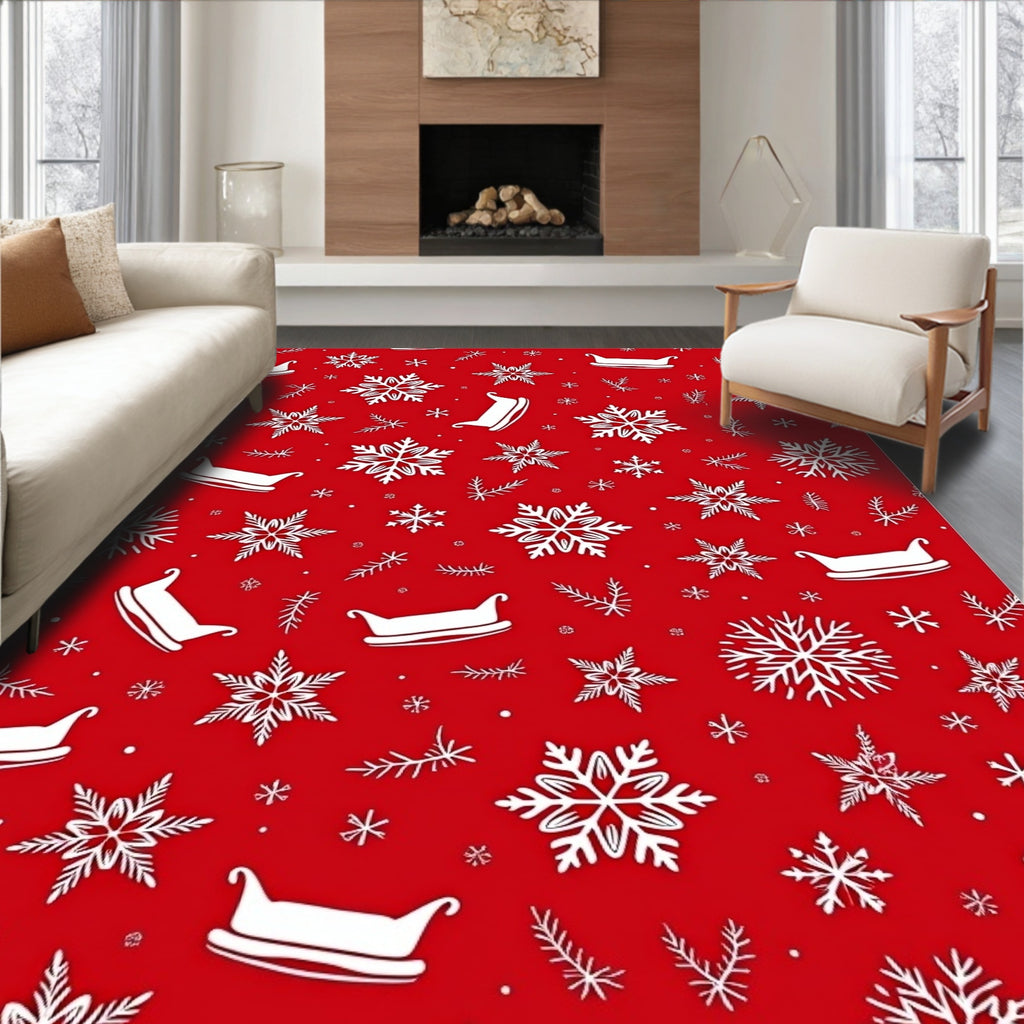 White Snowflakes Sleighs Red Background Rug