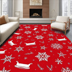 White Snowflakes Sleighs Red Background Rug