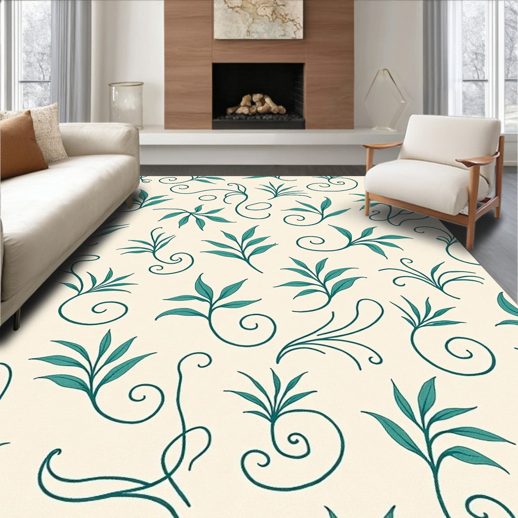 Delicate Teal Leaf Flourish Pattern Rug