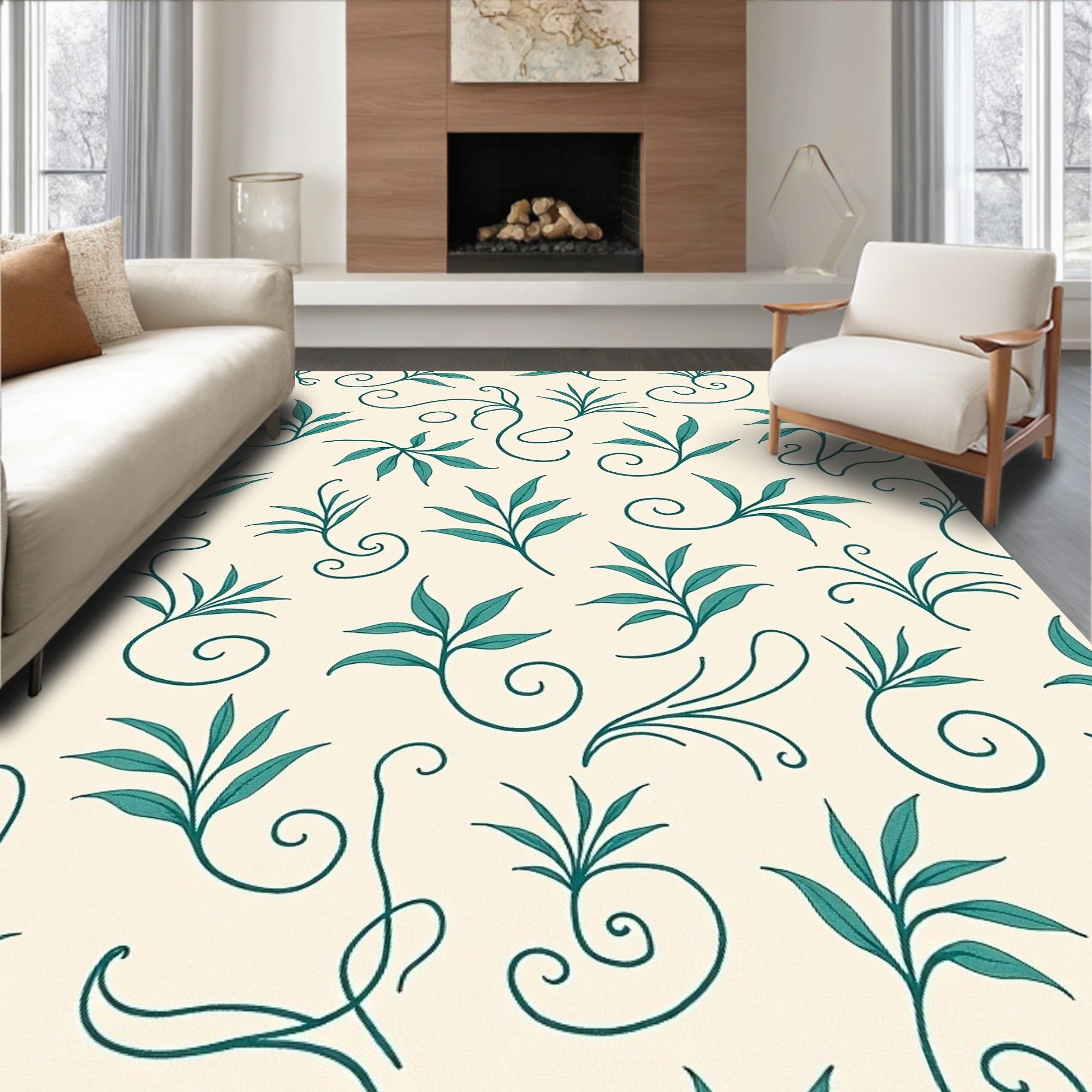 Delicate Teal Leaf Flourish Pattern Rug
