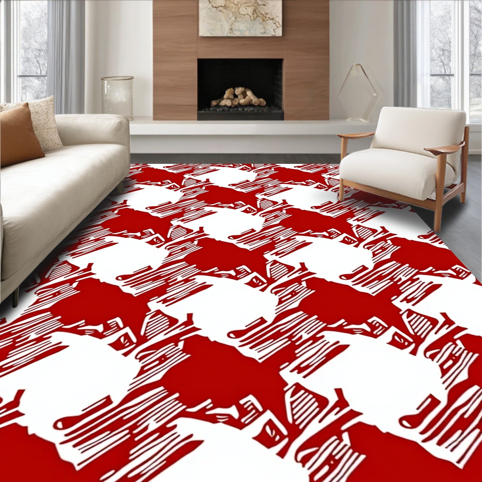 Bold Red White Abstract Houndstooth Rug