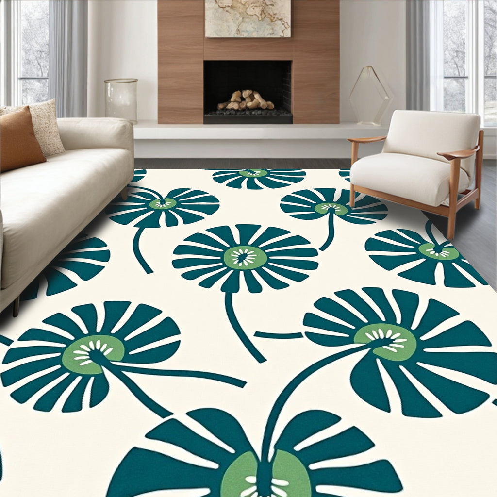 Teal Lotus Blossom Motif Rug
