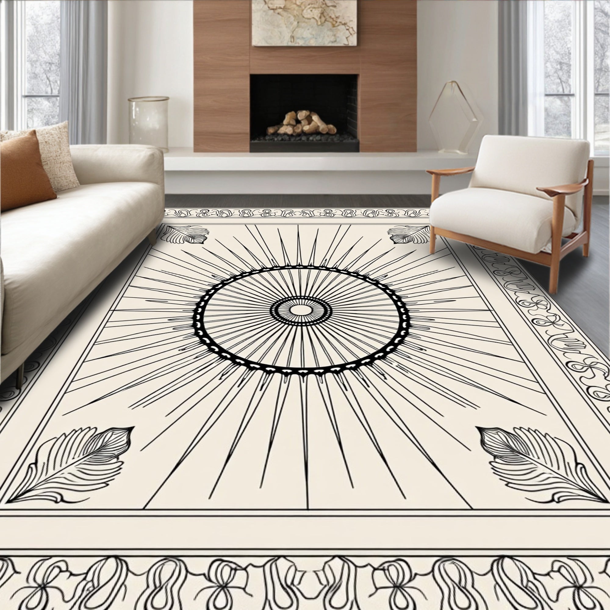 Sunburst Mandala Decorative Bordered Rug