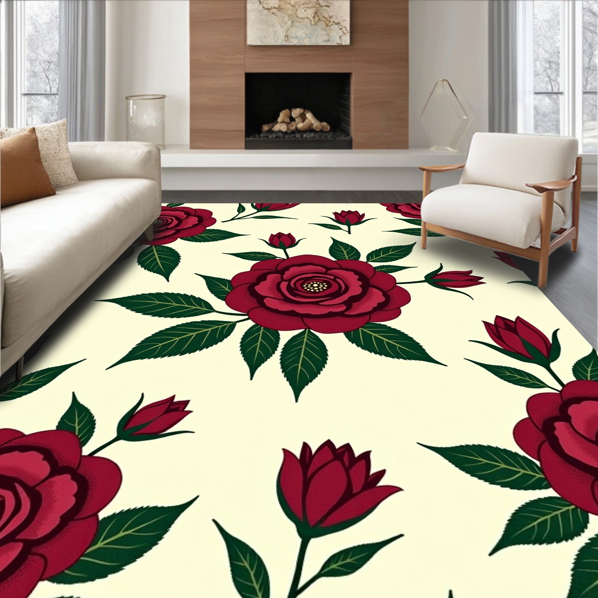 Deep Red Rose Botanical Pattern Rug
