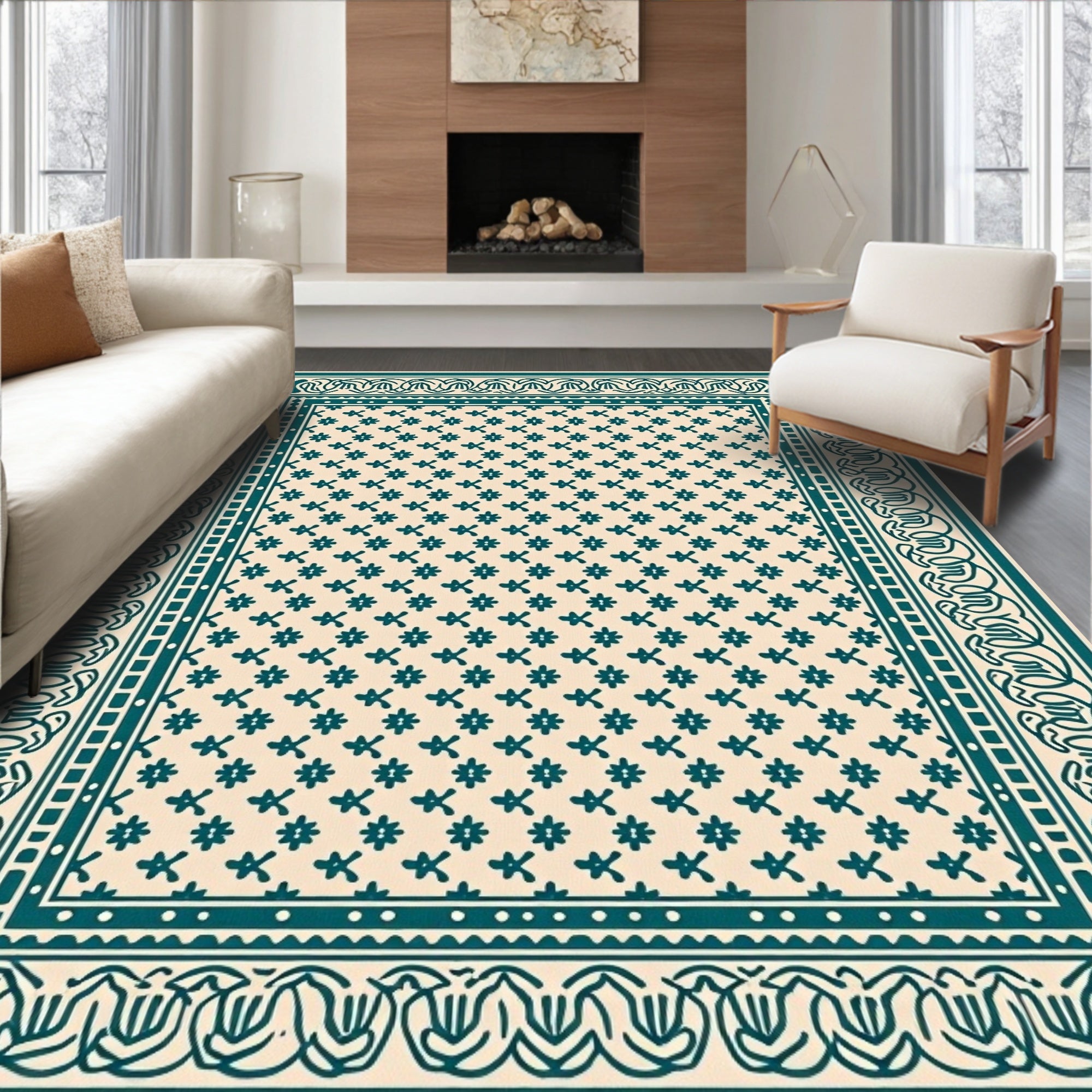 Damask Floral Patterned Teal Rug