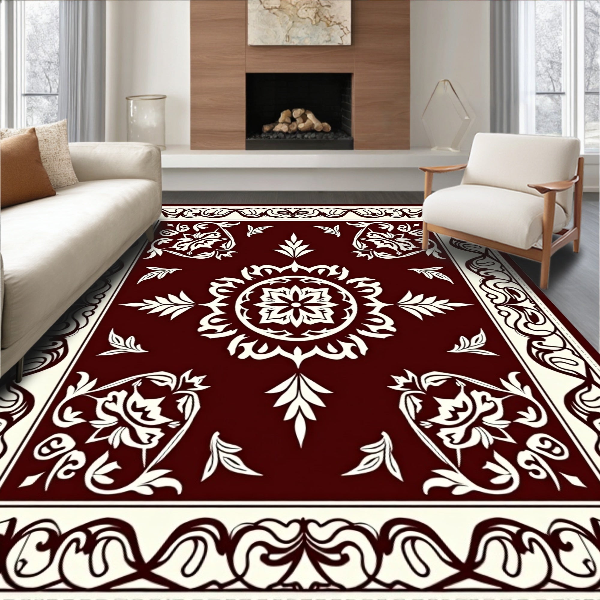 Ornate Floral Mandala Cream Border Rug