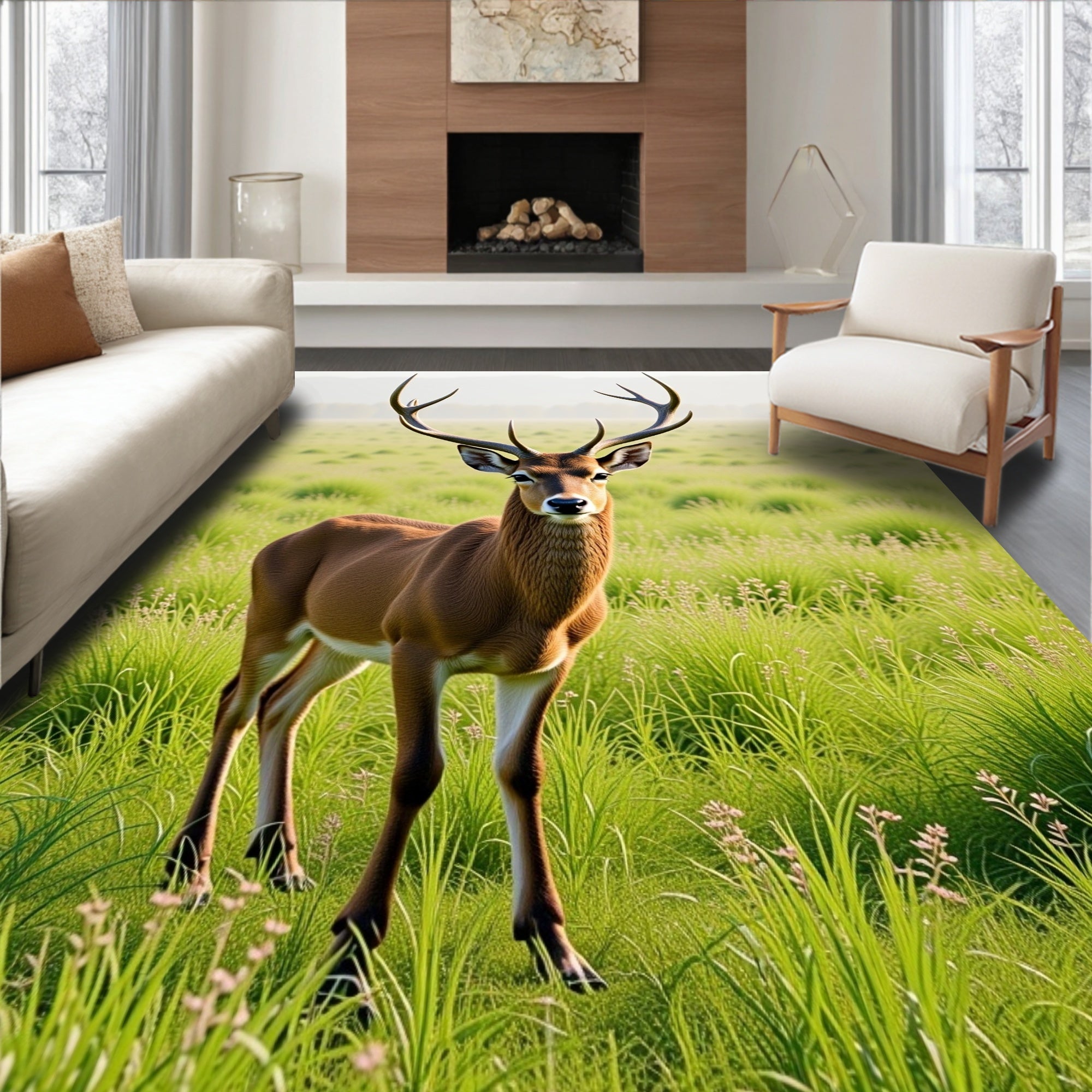 Majestic Antlered Deer In Lush Meadow Rug