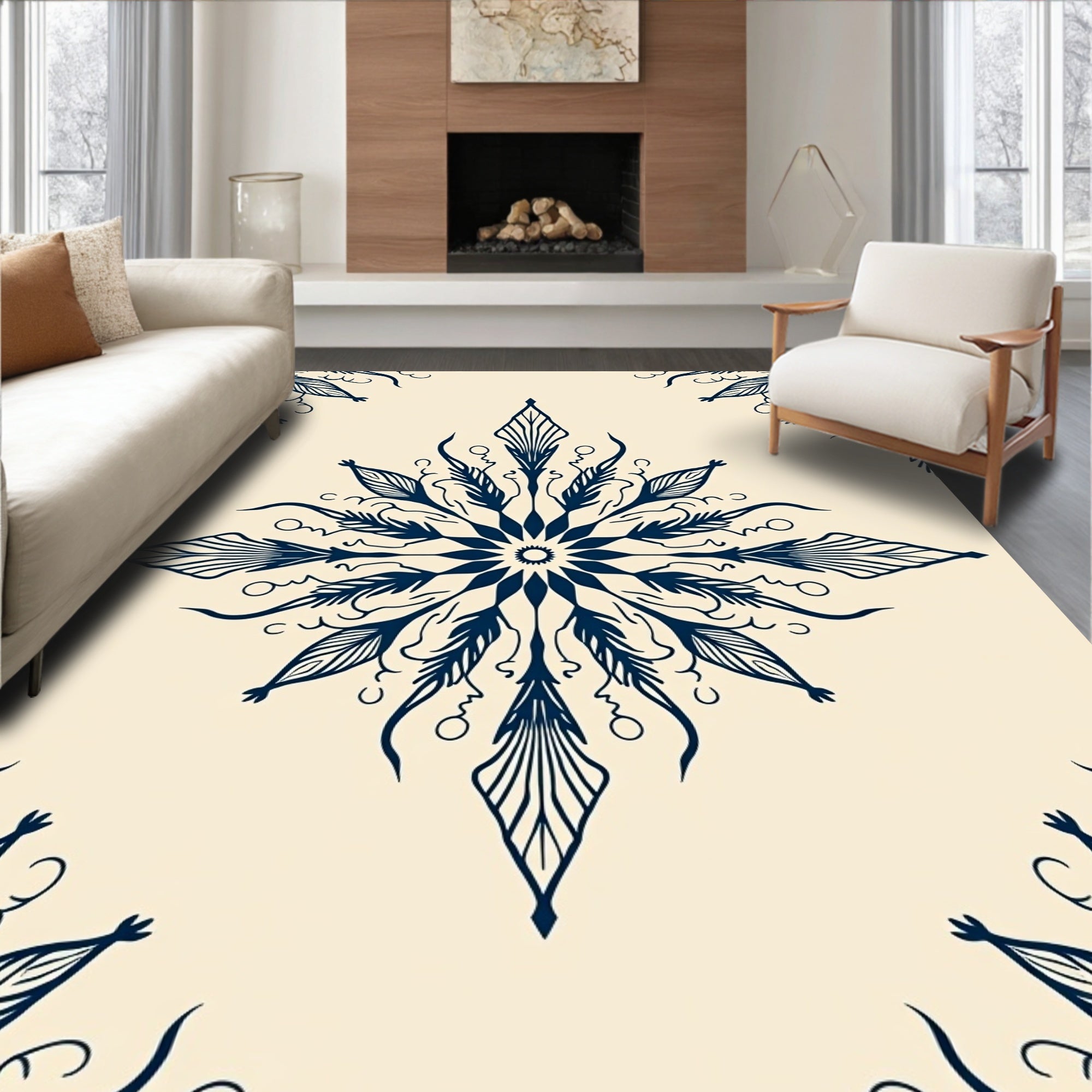 Elegant Dark Blue Mandala Pattern Rug