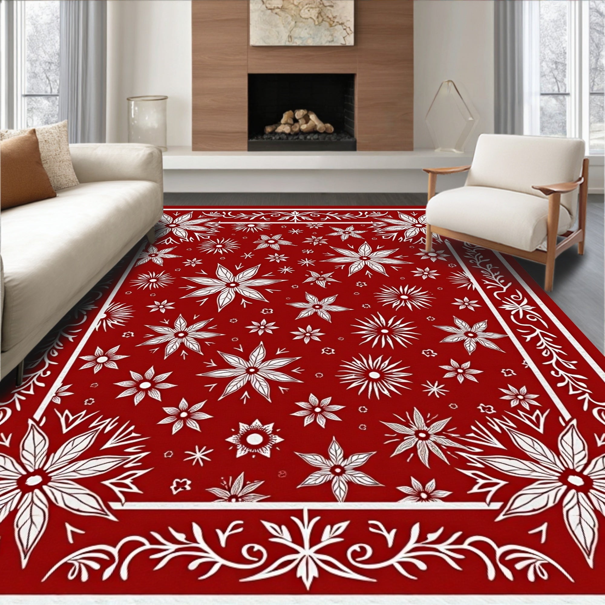 Festive Red Floral Pattern Rug