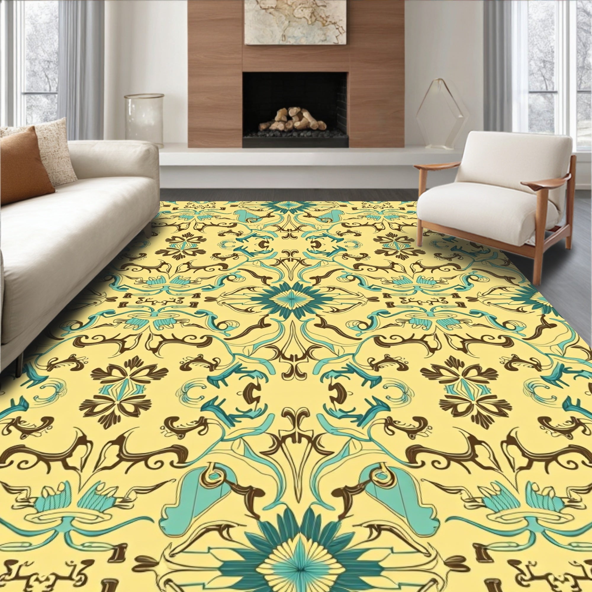 Vibrant Teal Brown Floral Pattern Rug