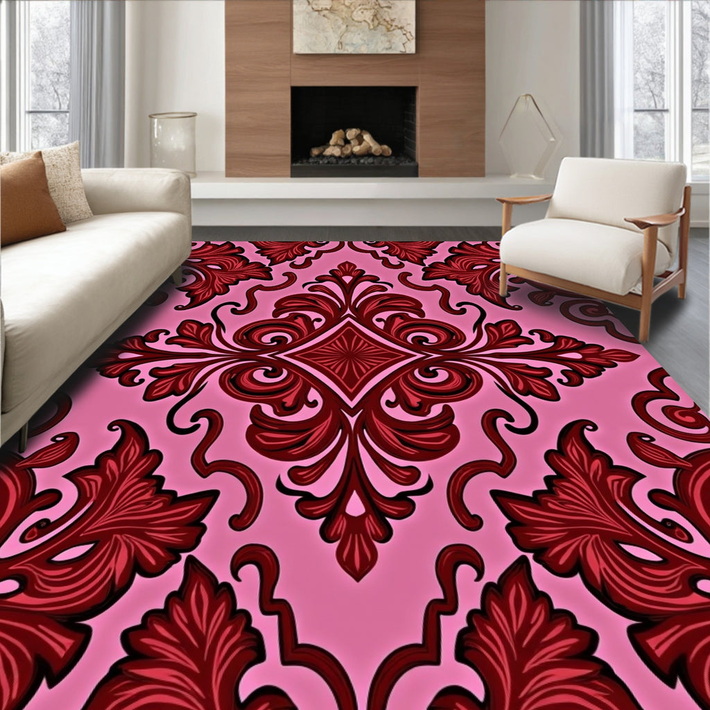 Elegant Pink Red Scroll Pattern Rug