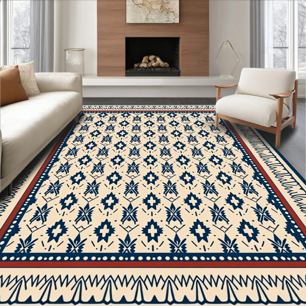 Navy Blue Geometric Ivory Tribal Rug