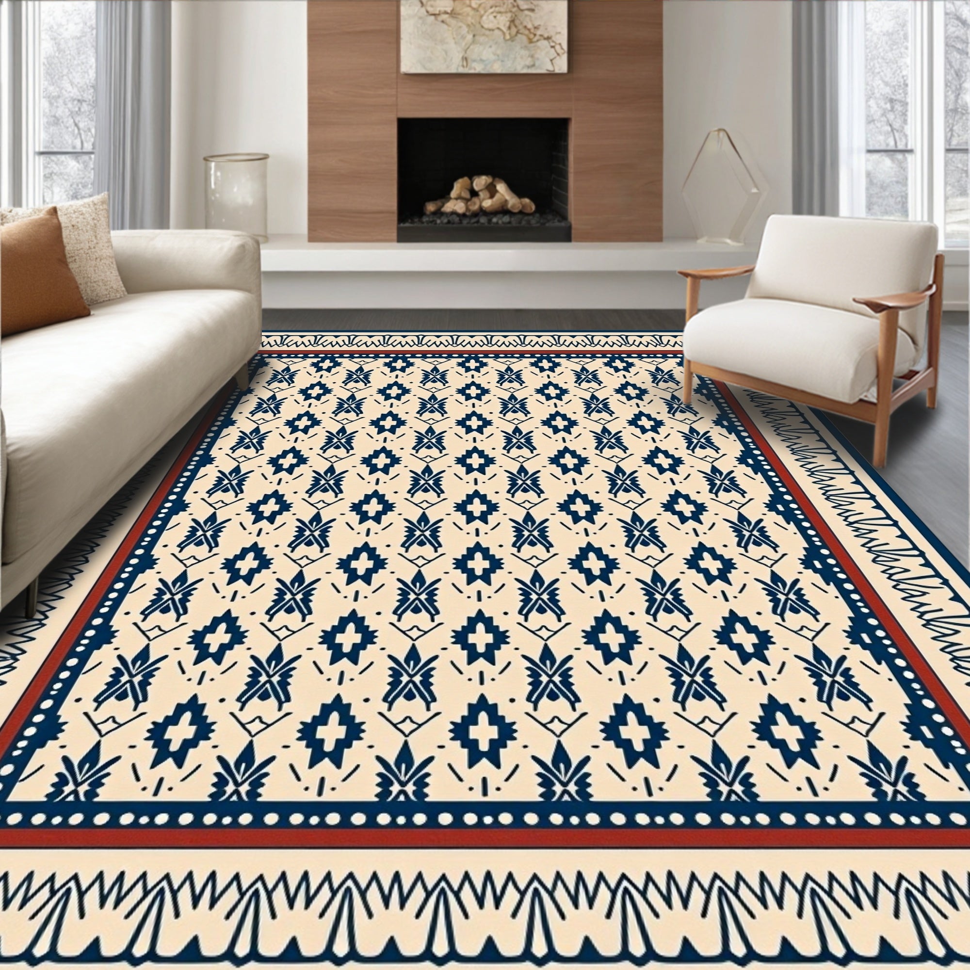 Navy Blue Geometric Ivory Tribal Rug