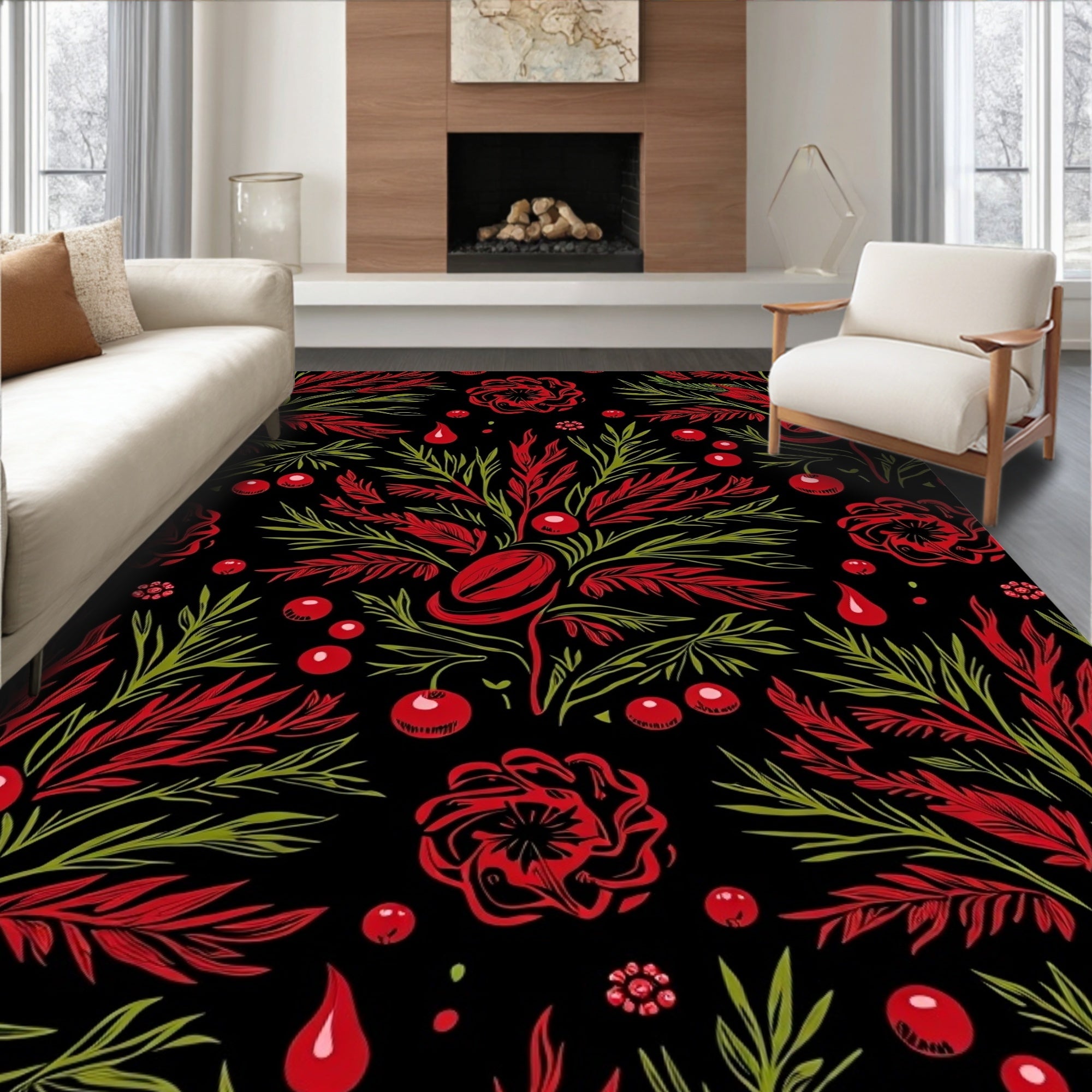 Bold Red Green Floral Pattern Rug