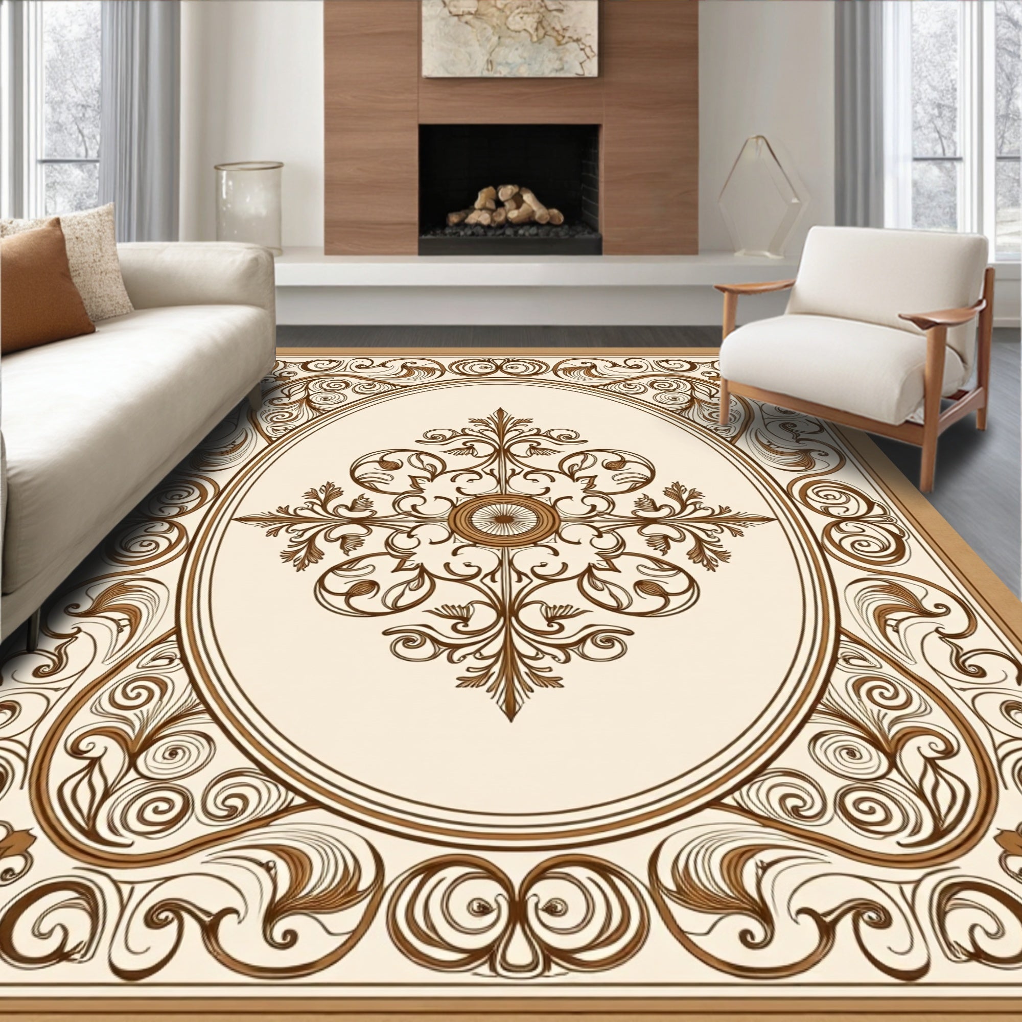 Elegant Brown Scrollwork Oval Mandala Design Rug