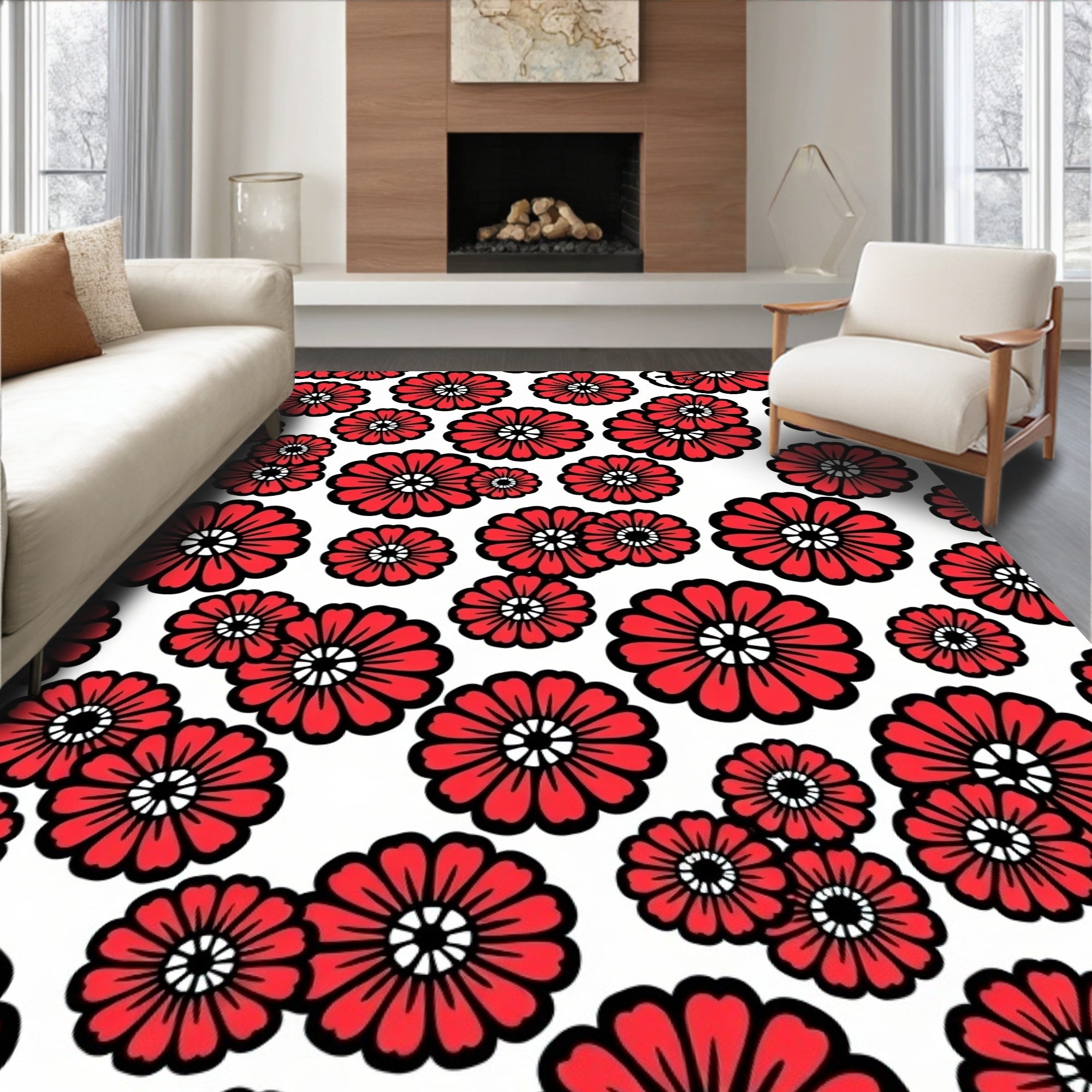 Red and White Bold Floral Design Rug