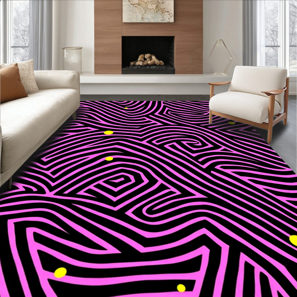 Bold Pink Black Wavy Labyrinth Design Rug