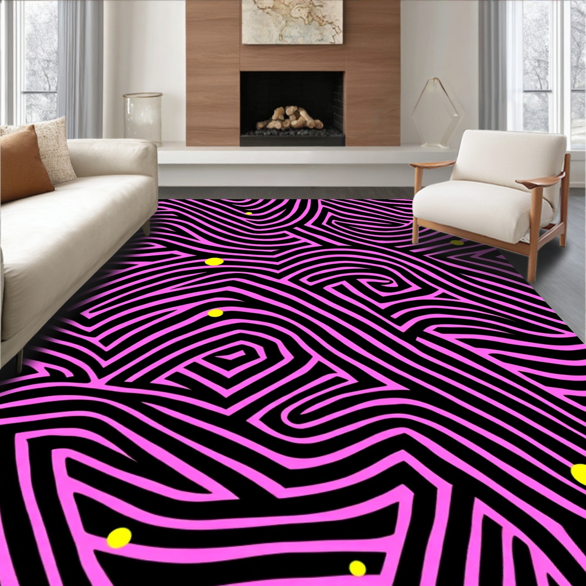 Bold Pink Black Wavy Labyrinth Design Rug