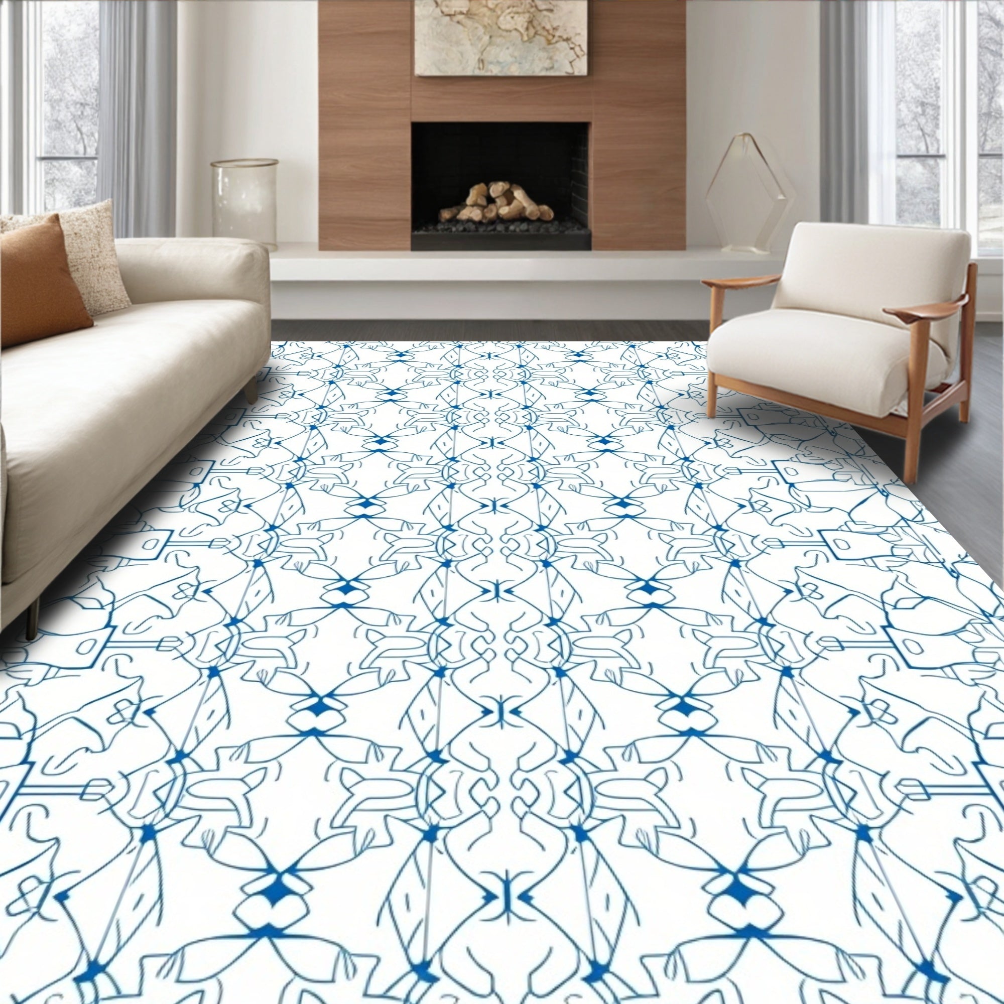 Blue Linear Symmetry Abstract Deco Rug