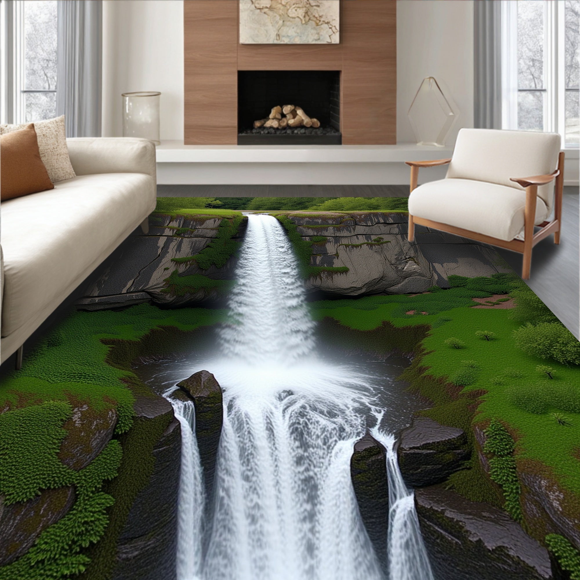 Majestic Waterfall Verdant Cliffs Rug