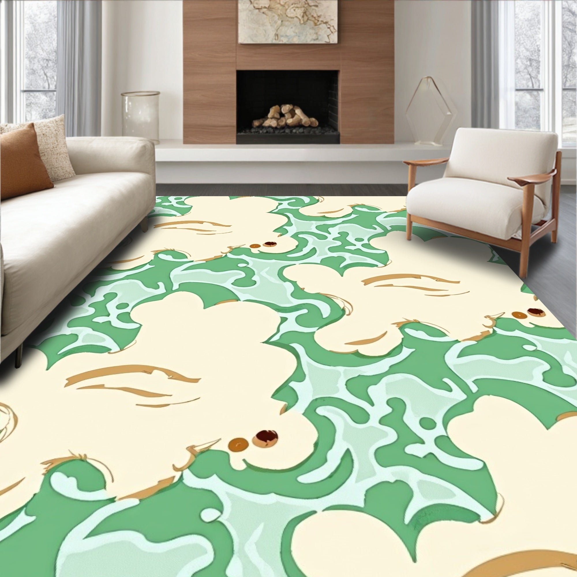 Creamy White And Green Cloud Pattern Rug