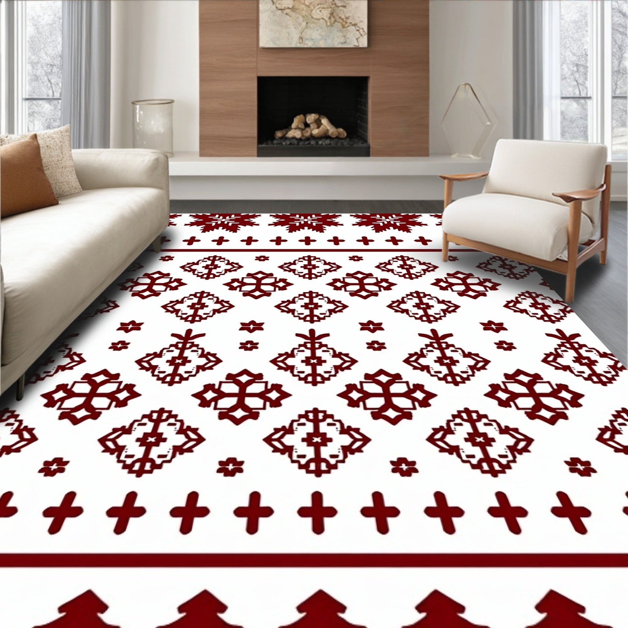 Deep Red Folk Snowflake Geometric Rug